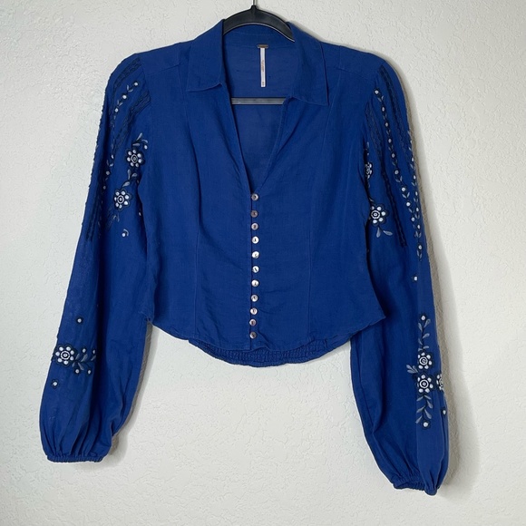 Free People Women Embroidered Floral Puff Sleeve Sz XS Blue Linen Button Peasant - Picture 1 of 8